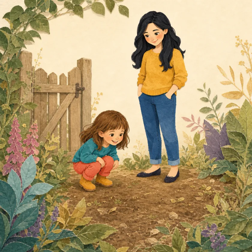 Allison crouches at a bare garden corner beside the gate while Mom stands warmly behind her.