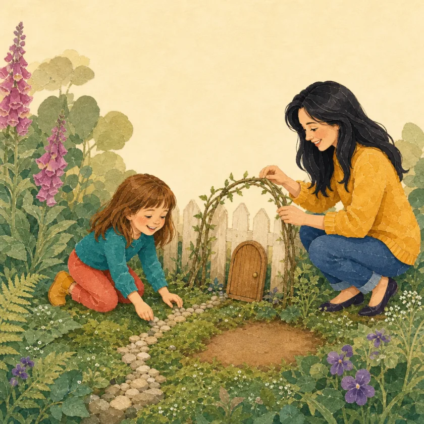 Allison lays a pebble path and Mom bends a twig arch beside a tiny wooden door, with one spot left open.