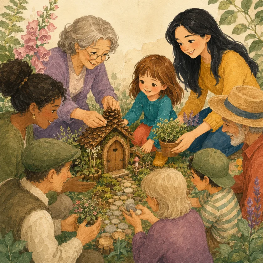 Many hands add gifts to the tiny garden: a pinecone roof, a pot of herbs, and traded pebbles.