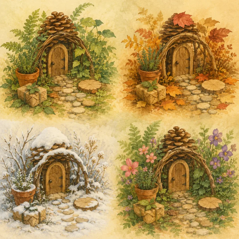 The same tiny garden corner shown through summer, autumn, winter, and spring, its open spot kept in every season.