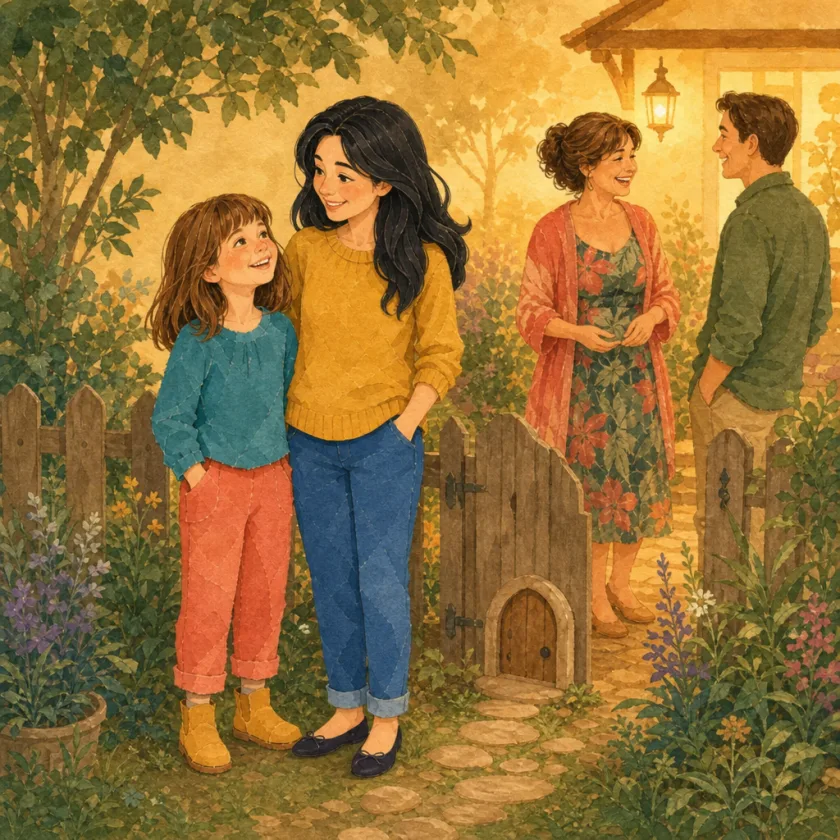 Years later, Allison and Mom stand by the garden gate while friends laugh beneath warm porch lights, the tiny door still at the fence.