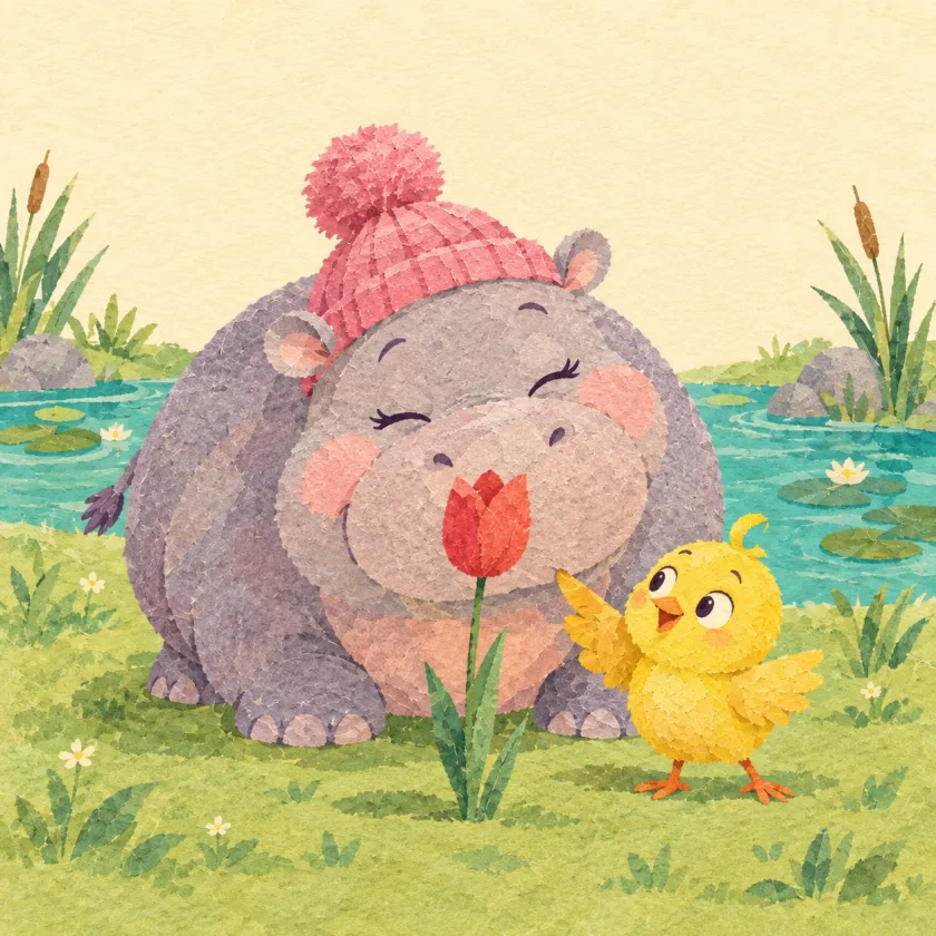 Hippo crouches behind a single red tulip with her eyes squeezed shut, the tulip covering only the tip of her nose, while Peep the little yellow bird points at her, delighted.