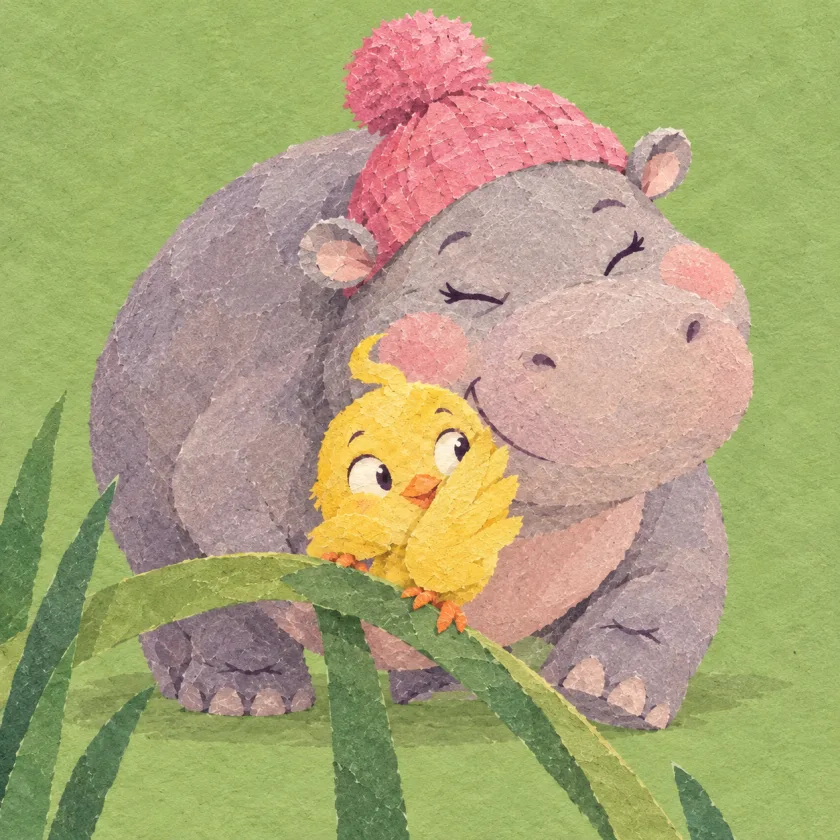 Hippo hides behind tiny Peep, her big grey face peeking over the little yellow bird on a reed, eyes shut tight and very pleased with herself.