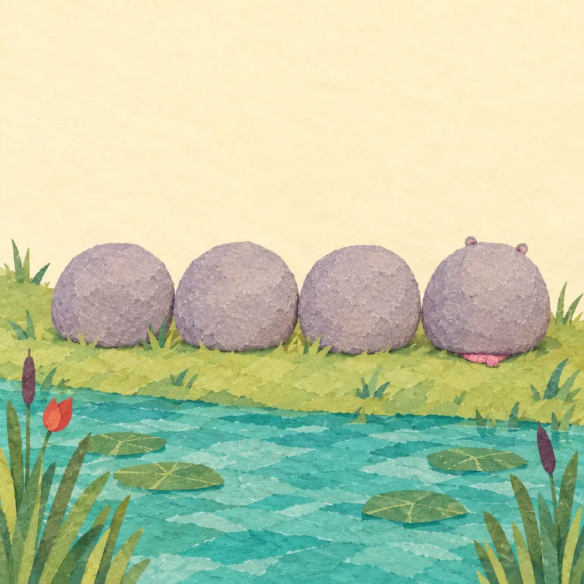 Four round grey rocks sit in a row on the grassy bank of a pond, and only two tiny ears on top and a scrap of pink at the bottom of the last one give Hippo away.