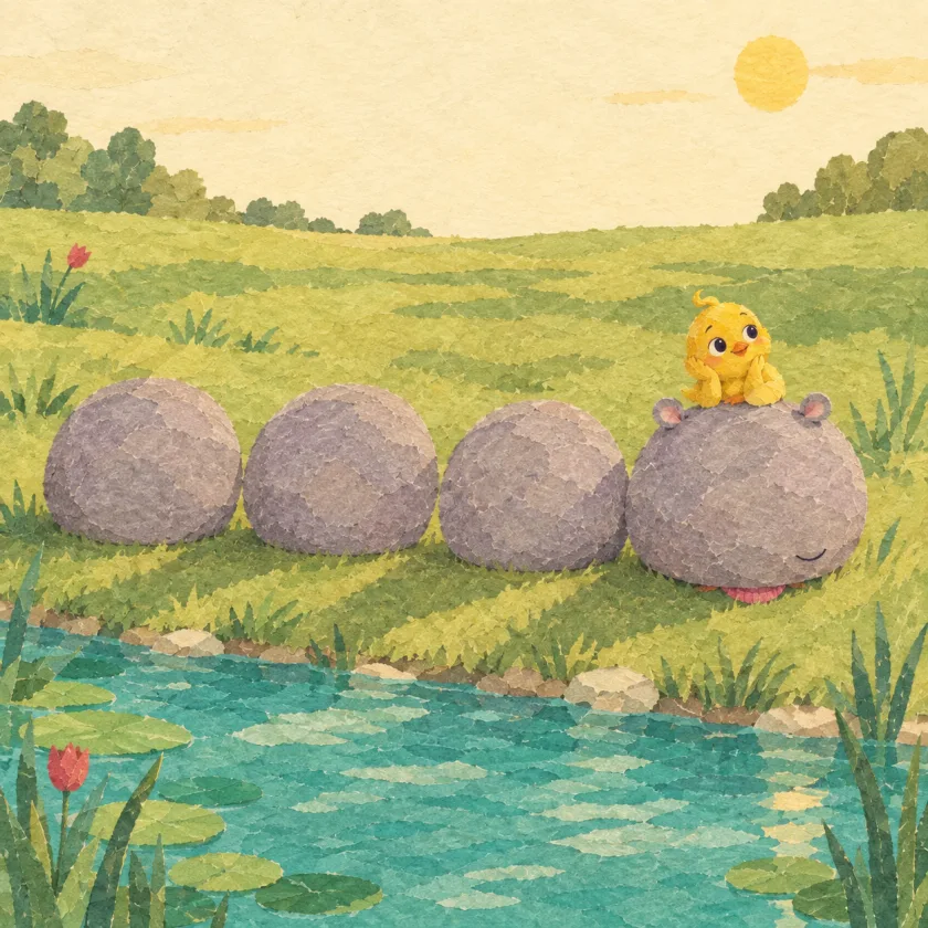 Peep rests her chin on her wing on top of the last grey rock in the row, and that rock has two small ears, a scrap of pink hat, and a tiny pleased smile.