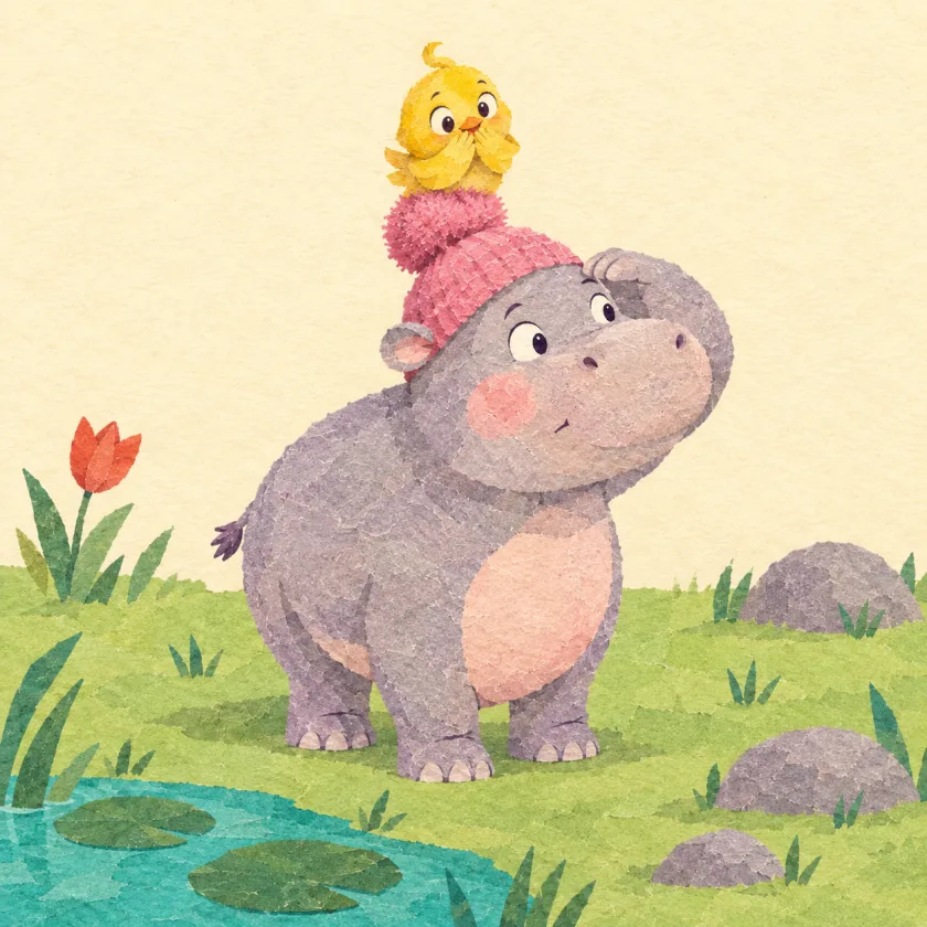 Hippo stands in the meadow in her pink bobble hat, shading her eyes and peering hard to one side, while Peep sits on top of her hat with her wings over her beak, giggling.