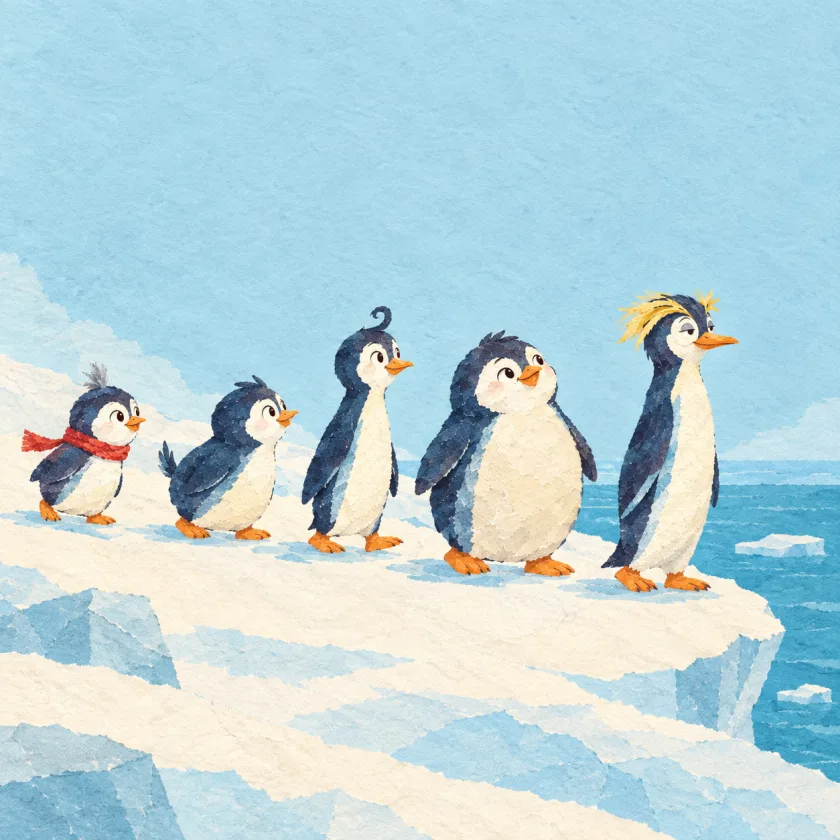 Five penguins walk in single file along a snowy ledge above the sea, from Oona with her yellow crest at the front down to little Kip in his red scarf at the very back.