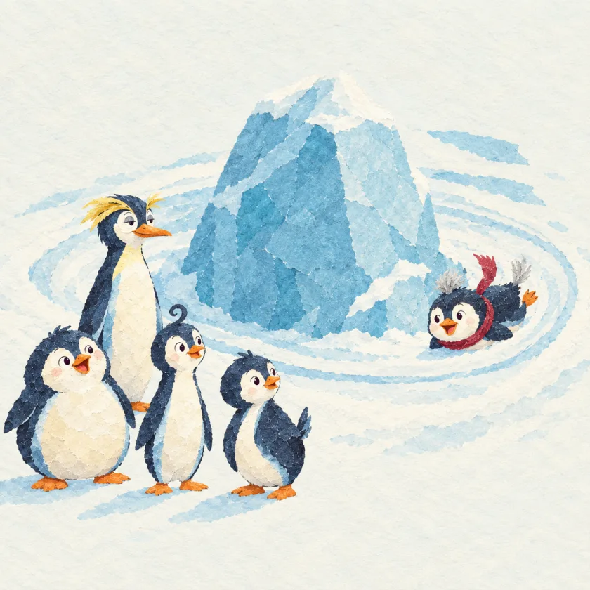 Kip zooms on his tummy around a big blue ice rock on a looping track in the snow, while the other four penguins stand together and watch him go.