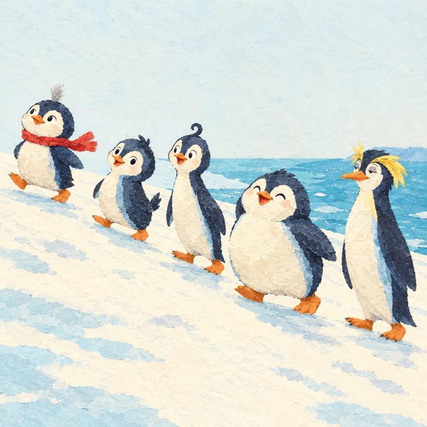 The five penguins walk the other way up the snowy slope with the sea behind them, Kip in his red scarf now at the front and tall Oona calm at the very back.