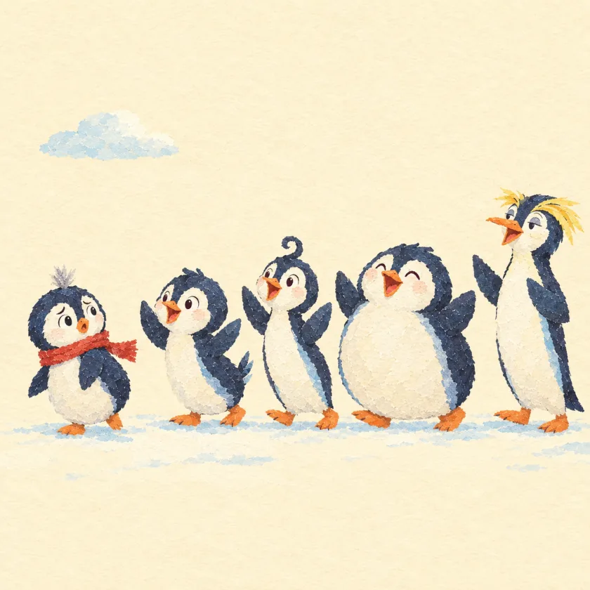 Kip stops at the front of the line and looks back over his red scarf with a worried face, while the four penguins behind him call out with beaks wide open and flippers up.