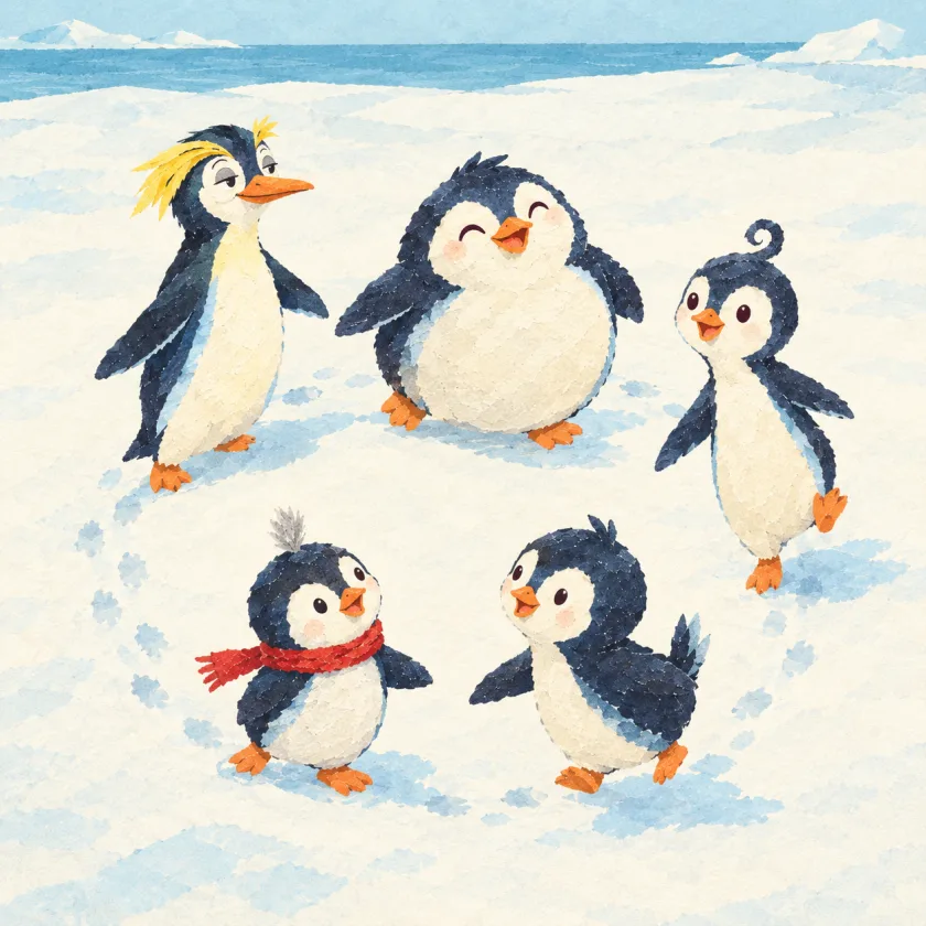 Five penguins waddle happily in a circle on the snow, their footprints pressed into a ring, with the sea far off behind them.
