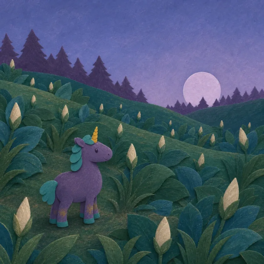 Lumi, a small plum-purple paper unicorn, stands among closed moonflower buds as the moon rises over a pine ridge.