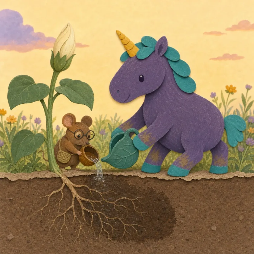 Pip tips an acorn cup while Lumi steadies a leaf-shaped watering can above the moonflowers' roots.