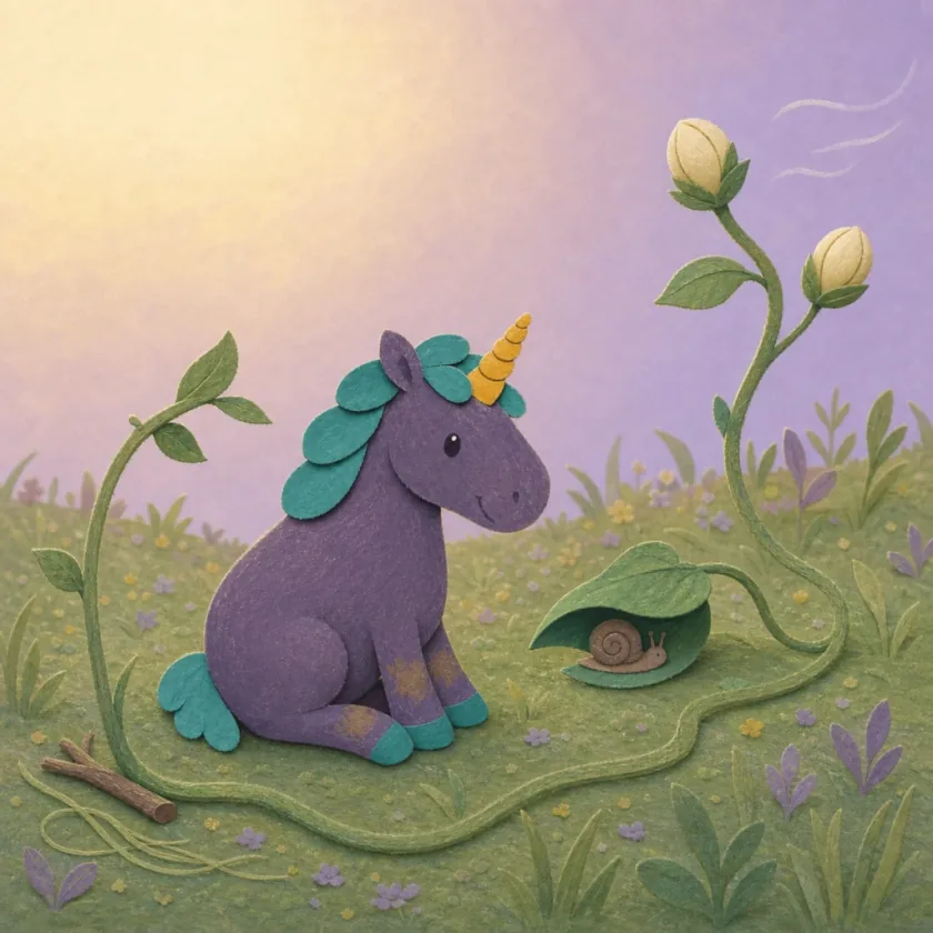 Lumi quietly notices a leaning stem, a snail beneath a leaf, and several buds turning toward the cool air.