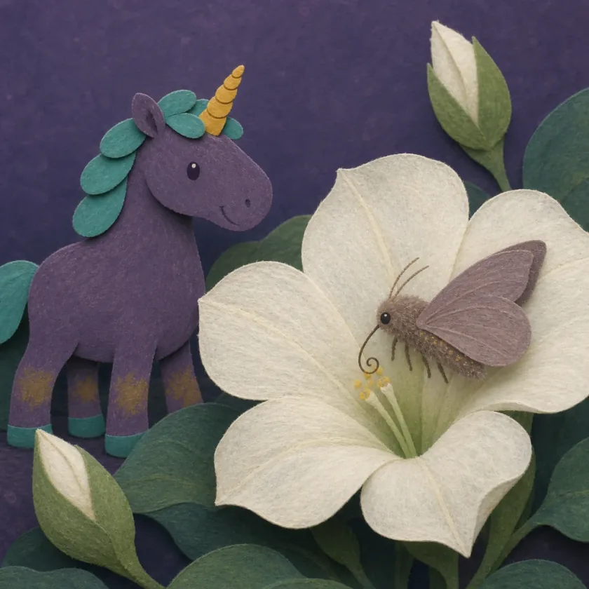 A moth sips nectar from the first open moonflower while Lumi watches from nearby.