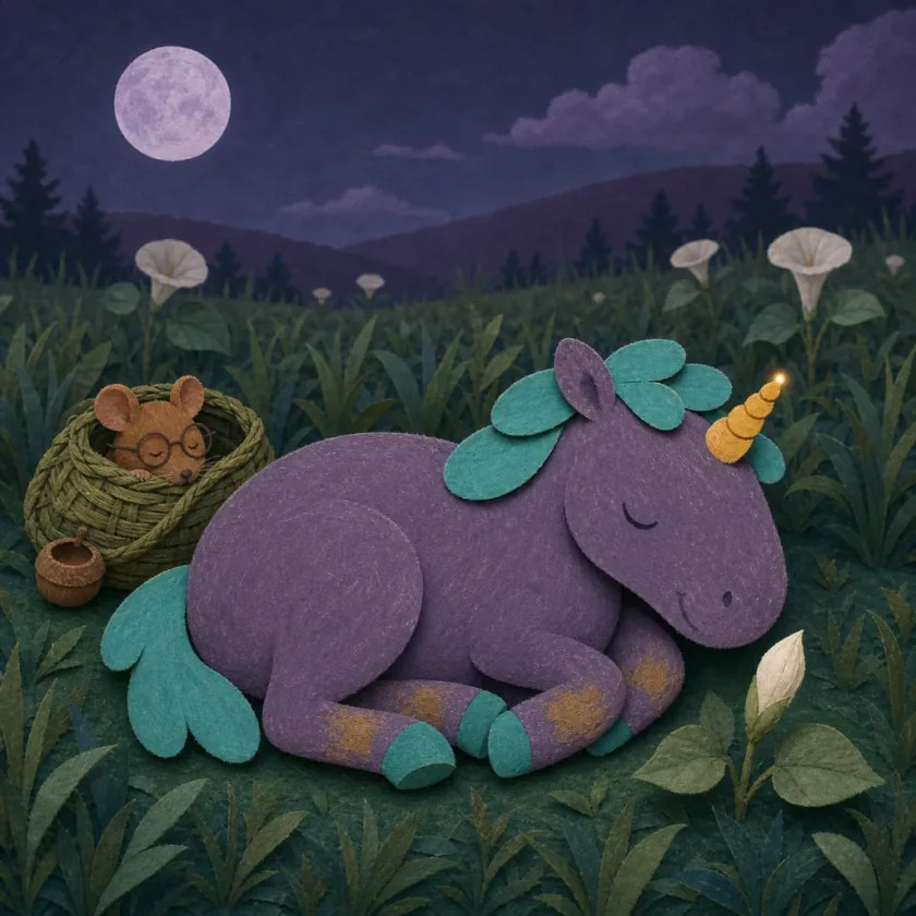 Lumi sleeps beside one closed moonflower bud while Pip rests in his grass satchel under a patient moon.