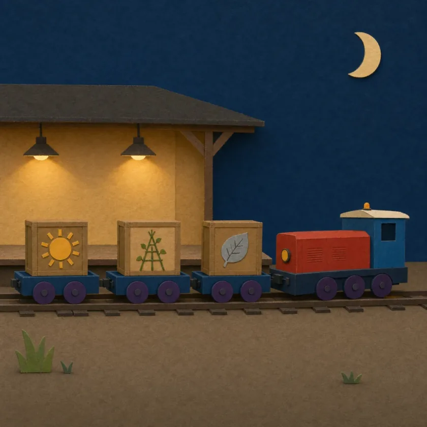 Marlow, a compact red and blue electric train, waits beside three seed crates marked with a sun, a trellis, and a silver leaf.