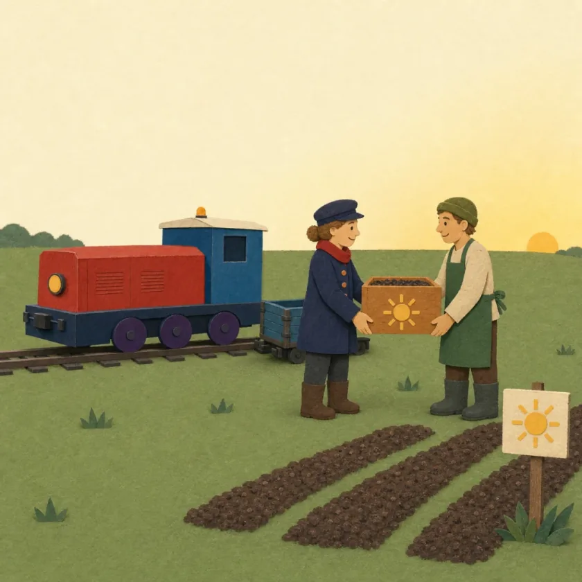 Conductor Bea unloads the sun-marked seed crate beside an open, prepared garden bed at Sunnybank.
