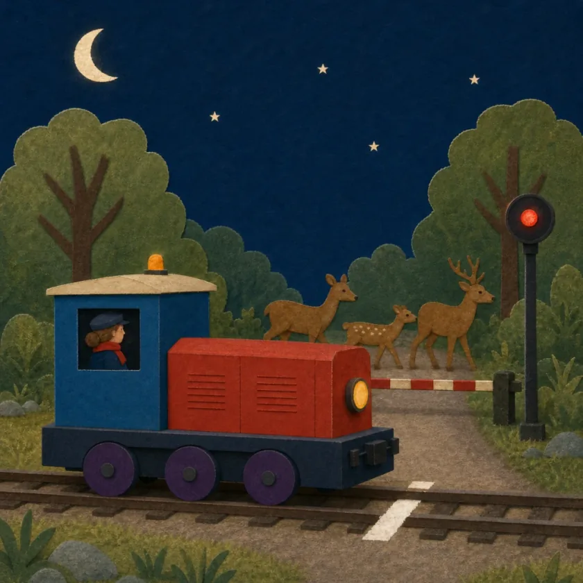 Marlow waits behind a white line at a red signal while a family of deer crosses safely beyond the closed road barrier.