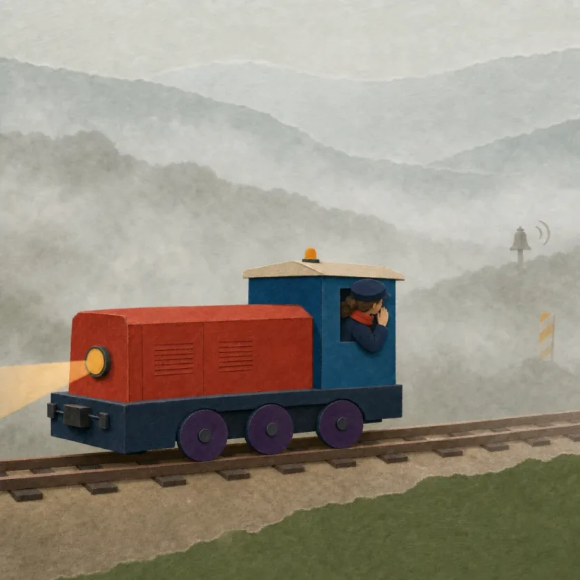 Marlow moves slowly through layered paper fog while Bea watches reflective markers beside the track.