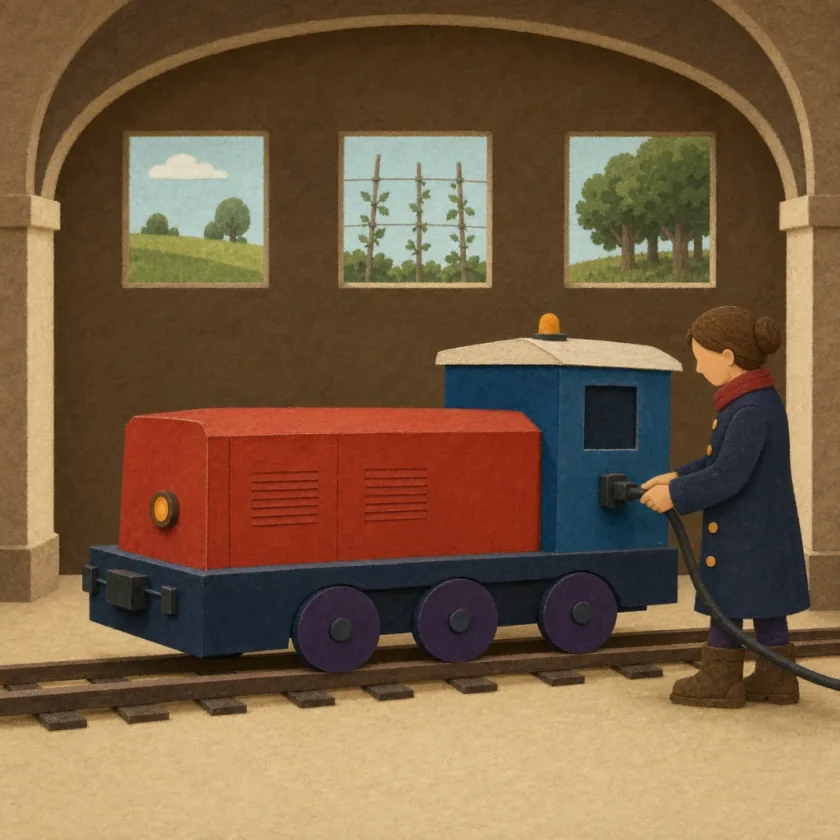 Conductor Bea connects Marlow to a charger in the cozy roundhouse while his amber lamp dims to one warm dot.