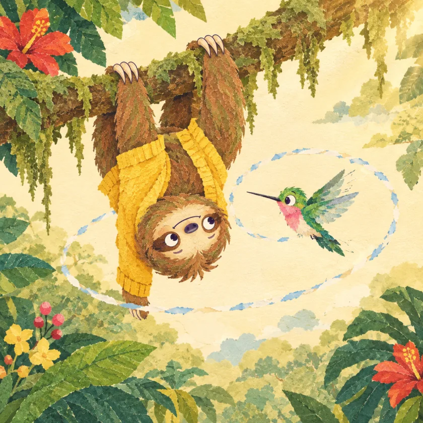 Moss the sloth hangs upside down from a mossy branch by his claws, smiling, his yellow cardigan hanging the wrong way, while Zip the hummingbird zooms around him in a looping trail.