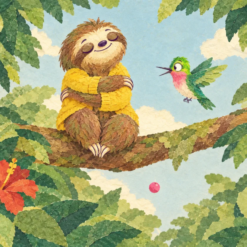 Moss sits on a branch hugging empty air with his eyes closed, very proud of himself, while a pink berry drops away below him and Zip hovers beside him with her beak open.