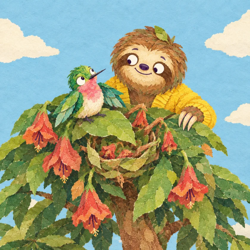 At the very top of the tree Zip perches on her little leaf nest among drooping red flowers, looking stunned, as Moss's smiling face comes up over the branch with a leaf stuck on his head.
