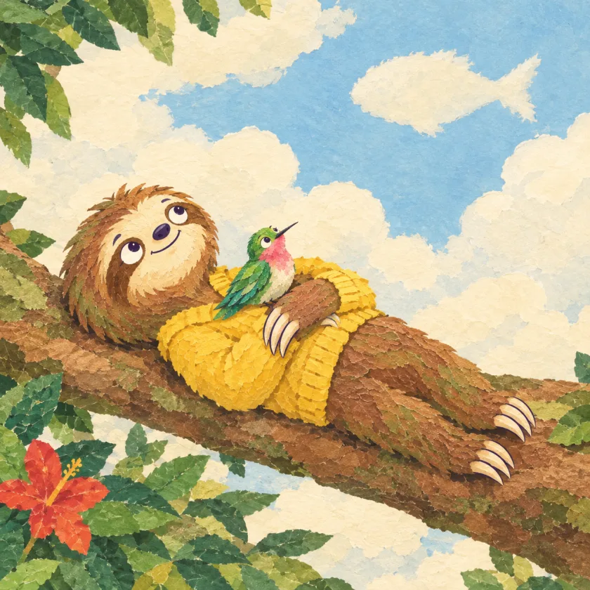 Moss lies on his back along a wide branch with his arms folded on his cardigan and Zip resting on his tummy, both gazing up at big white clouds, one shaped like a fish.