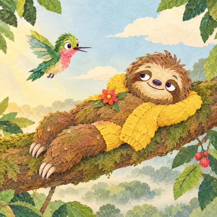In the soft morning light Moss lies on the same branch with a little red flower on his tummy and dew on his fur, smiling, as Zip zooms in toward him with her beak open.
