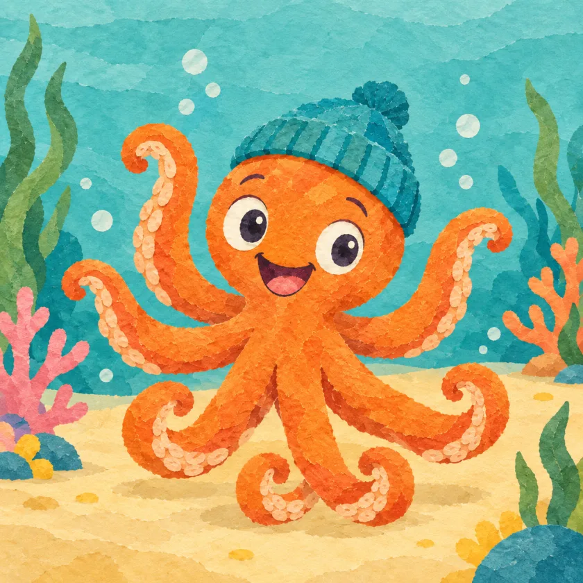 Otto the octopus stands alone on the sandy reef floor in his teal beanie, all eight arms curled out wide around him, empty and easy to count.