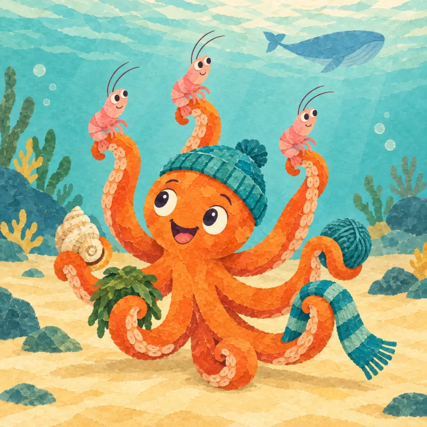 Otto stretches three arms up high with a little pink shrimp on the tip of each, a whale gliding far off above them, while his other arms hold a shell, a seaweed hat, a ball of wool, and the end of a scarf, and one arm curls empty.