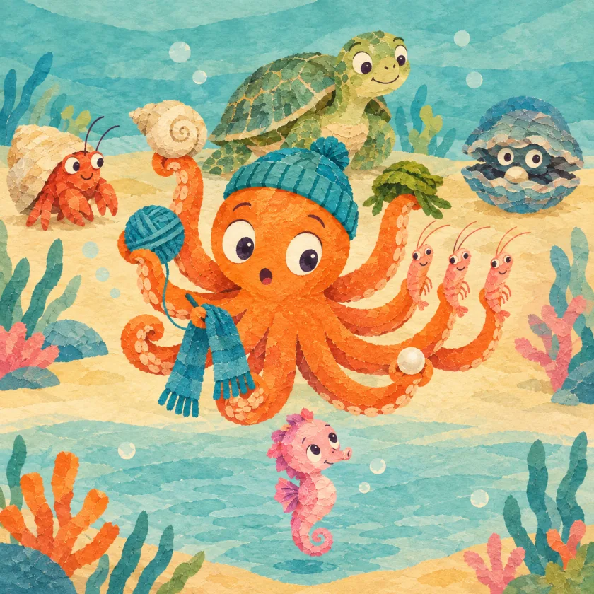 Otto stares wide-eyed with every arm full, holding a shell, a seaweed hat, wool, a scarf, three shrimp, and a pearl, as a small pink seahorse floats in front of him looking up, and the reef friends watch from behind.