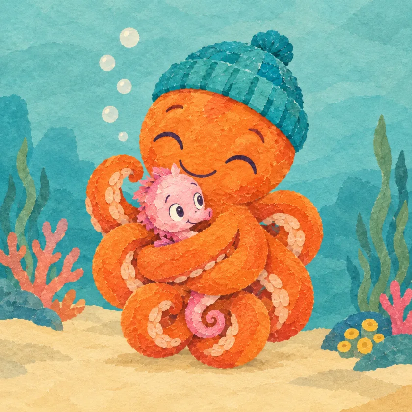 Otto wraps all eight arms gently around Tilly the little pink seahorse, his eyes closed in a big soft smile, her face peeking out from the middle of the hug.