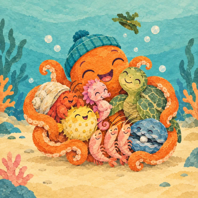 Otto hugs everybody at once, his arms around the crab, the pufferfish, the turtle, the three shrimp, the clam, and Tilly, all of them smiling, while the seaweed hat floats away above.
