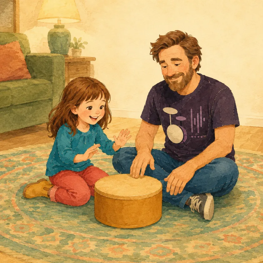 Papa sets a small hand drum on the rug between himself and Allison in warm lamplight.