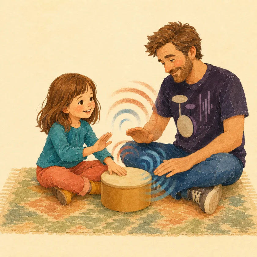 Papa and Allison tap a pattern back and forth, their rhythms crossing as warm pulse rings between their hands.