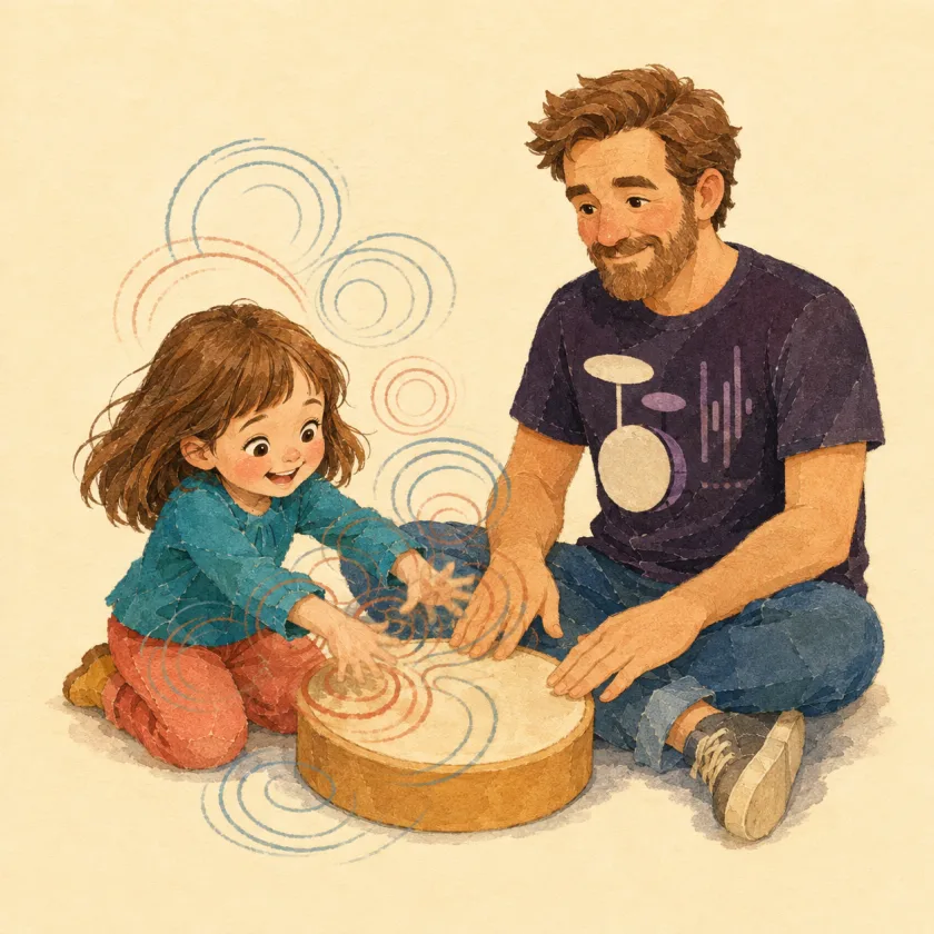 Allison's hands tumble ahead too fast, her rhythm scattering into off-center rings, while Papa stays calm mid-note.