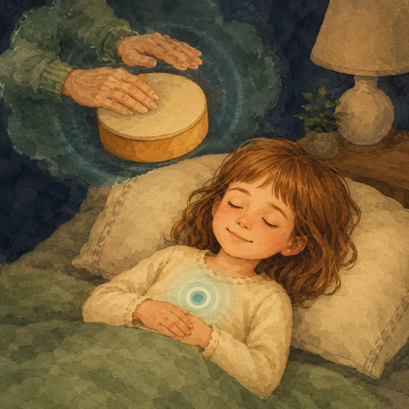 Allison lies settled at bedtime with a soft pulse ring at her chest while a faint dreamlike image of Papa's hands over the drum rests above her.