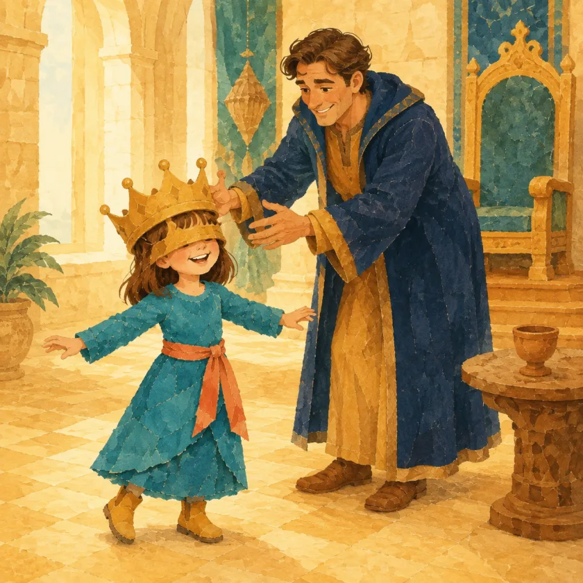 The King's big gold crown slips down over Allison's eyes as she laughs with her arms out, and the King reaches to rescue it.
