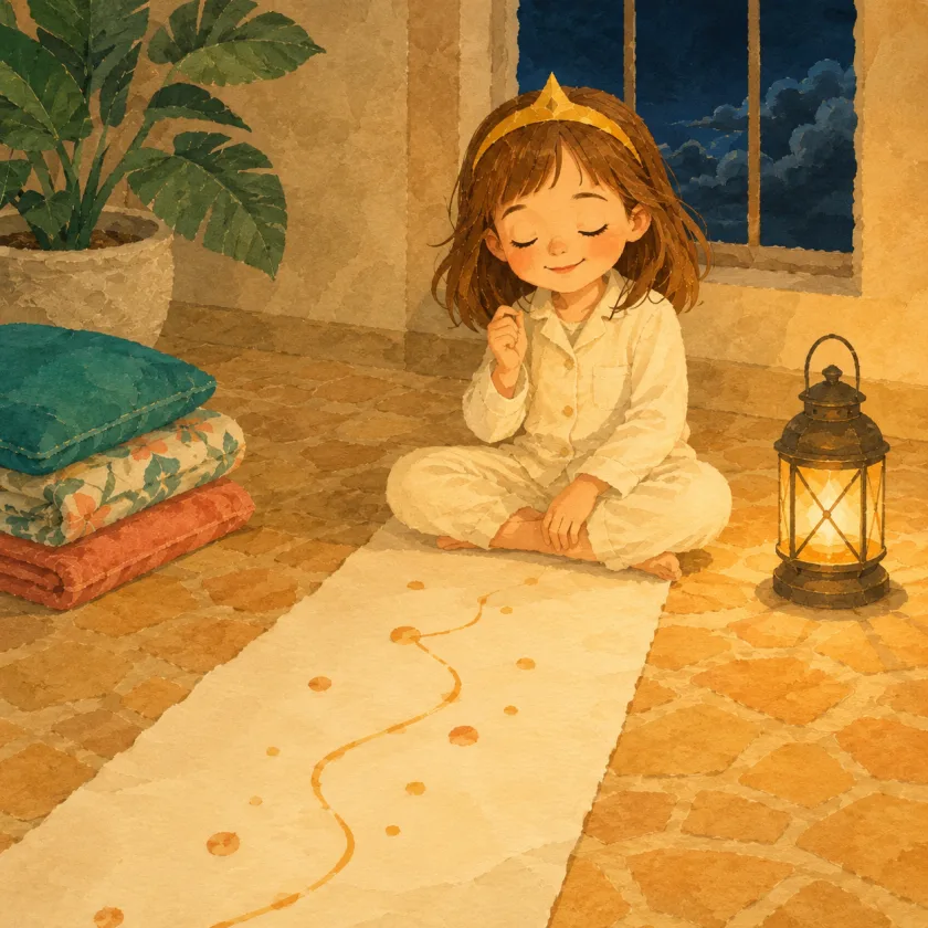 Allison sits cross-legged over a long paper map with her eyes closed and one hand gently curled, a lantern glowing beside her.