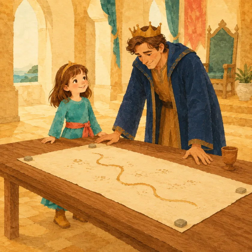 The long table is cleared end to end and Allison's map is weighted flat with stones while the King leans over it, studying it seriously; his cup sits at the far corner.
