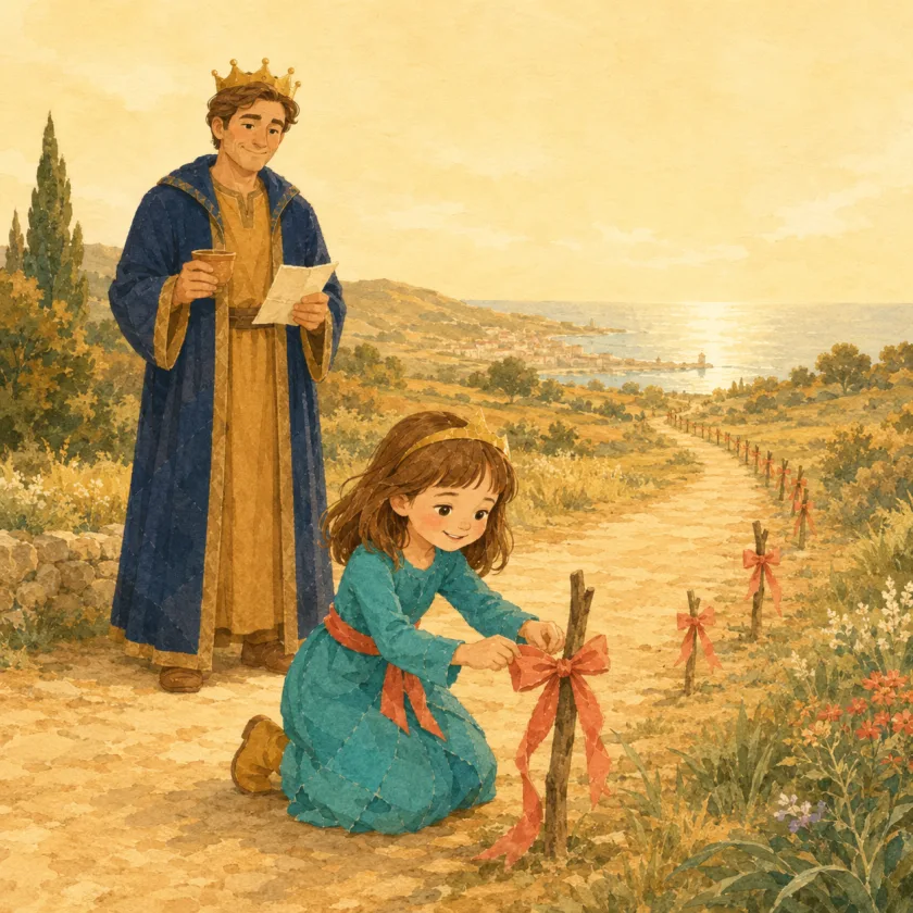 A line of small coral ribbon bows recedes down the long road toward the harbor while Allison ties the last bow and the King stands back with the map and his cup.