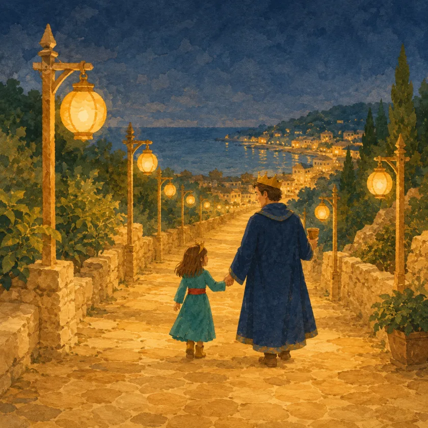 Allison and the King walk hand in hand at dusk down the long road, now glowing with a receding line of gold lanterns above the sea.