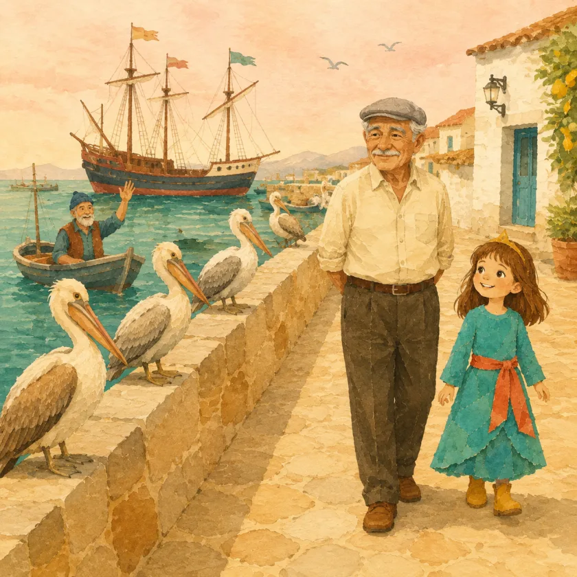 Amanece sobre un puerto pequeño. Por un malecón de piedra baja caminan el Abuelo, con gorra plana, bigote gris, camisa de lino clara y las manos detrás de la espalda, y la princesa Allison a su lado, con corona, vestido verde azulado y botas ocre, mirándolo. Sobre el muro hay una fila de pelícanos grandes y serios. En el agua, un barco grande de cuento con tres mástiles y banderas de colores, y un pescador de gorro azul saluda desde su bote. Gaviotas en el cielo rosado.