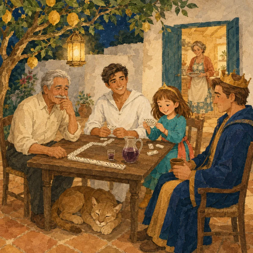 De noche, bajo el limonero y un farol encendido, tres jugadores rodean la mesa redonda: el Abuelo, que se toca el bigote; Andreas, vestido de blanco y sonriente, con una ficha en las manos; y la princesa Allison, con su corona, que sostiene una ficha y sonríe. Entre ellos serpentea una fila de fichas blancas con puntos negros, y en el centro hay una jarra de chicha morada con un vaso. A un lado, el Rey, con su túnica azul y su corona, mira con una taza en la mano. La Abuela observa desde la puerta iluminada de la cocina con un plato, y Mac duerme debajo de la mesa.