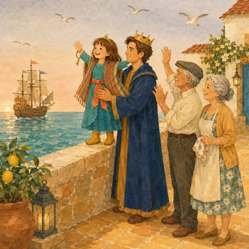 Al amanecer, en el malecón, la princesa Allison, de pie sobre el muro bajo con un poncho a rayas sobre el vestido y la pulsera de soga en la muñeca, levanta un brazo y saluda a un barco de banderas que se aleja por la boca del puerto. El Rey, con su corona y su túnica azul, la sujeta por la cintura con las dos manos. Junto a ellos, el Abuelo, con gorra, saluda con las dos manos, y la Abuela, un paso atrás, sostiene un pañuelo. Gaviotas vuelan sobre el cielo rosado.