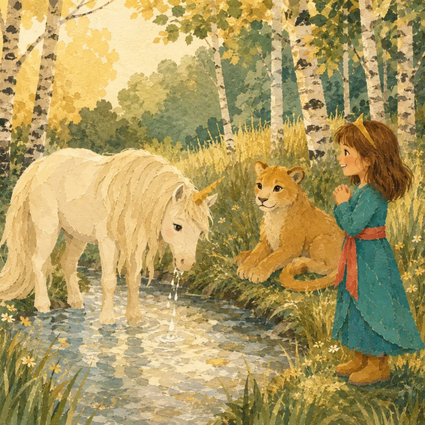 A white unicorn with a small gold horn drinks from a shallow stream in a sunlit birch wood, water dripping from her muzzle, while Mac the young cougar rests in the long grass beside her and Princess Allison stands very still at the right with her hands clasped, watching.