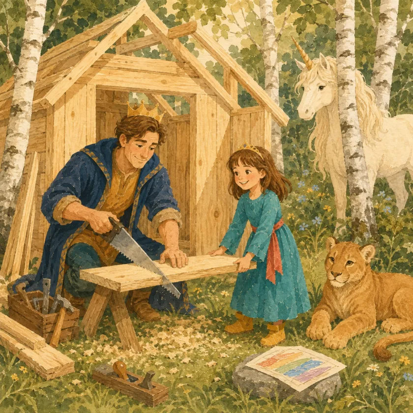 The King saws a board across a trestle outside a half-built wooden den of bare pale timber, its roof beams still open to the sky, while Princess Allison holds the far end of the board steady; Mac lies in the grass, the unicorn watches from among the birches, and Allison's crayon plan lies on a stone in rainbow stripes.