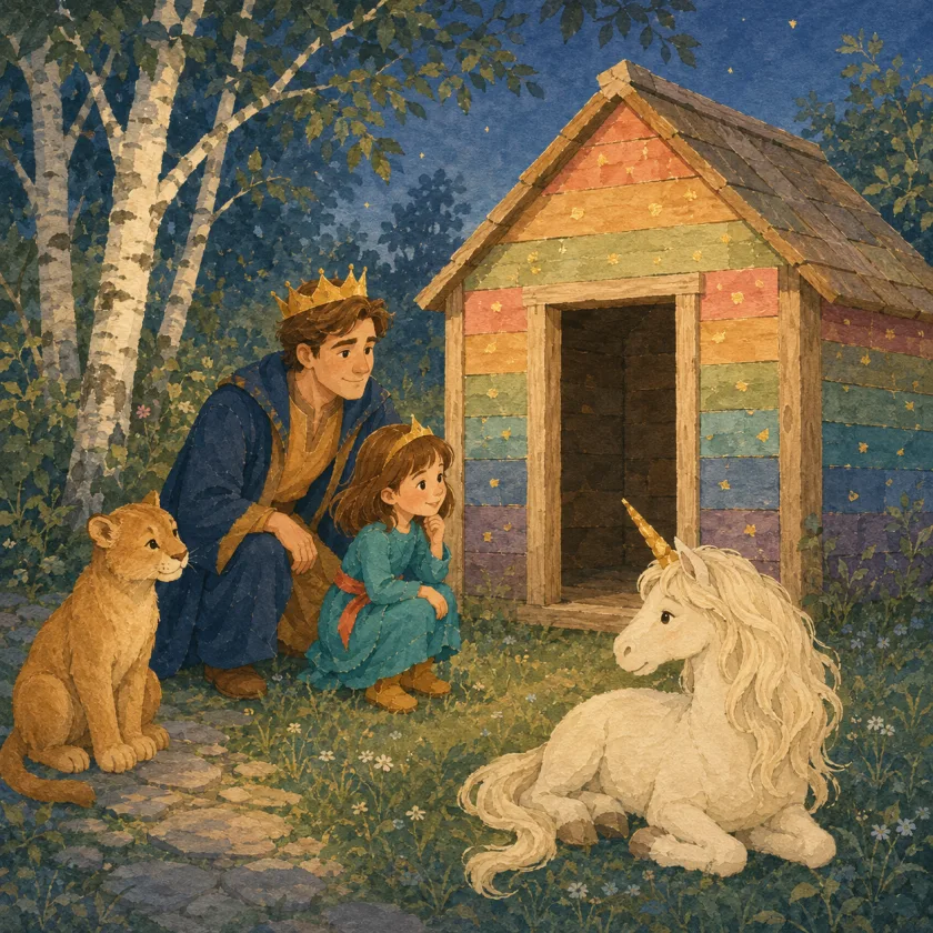 Under a deep blue evening sky the finished den stands painted in rainbow plank stripes flecked with gold, its wide doorway open on a dark and completely empty inside; the unicorn lies folded in the grass outside, and Princess Allison sits thinking with her hand at her chin beside the crouching King, with Mac at the path's edge.